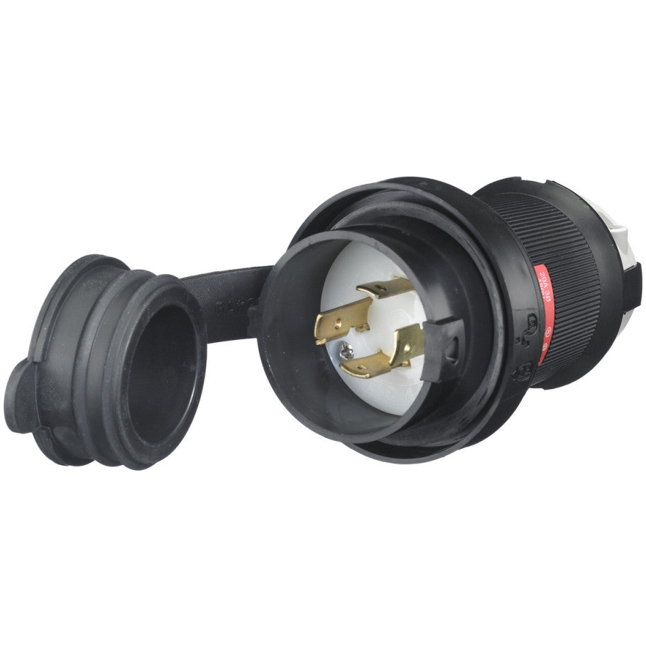 Locking Devices, Twist-Lock, Watertight Safety-Shroud, Male Plug, 3-Phase Delta 480V AC, 3-Pole, Black  PBT housing, White