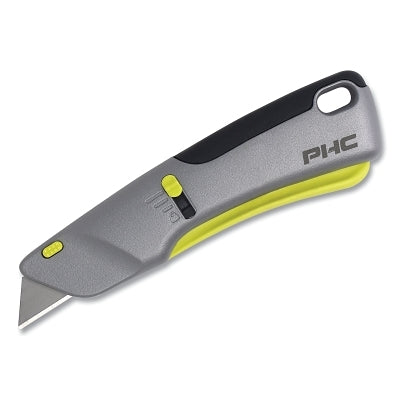 Victa Safety Knife, 7 in L, Retractable Blade, Carbon Steel, Metal Handle, Green/Silver