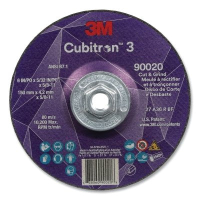 3M 638060-90020 Cubitron 3 Cut and Grind Wheel, 6 in dia x 5/32 in Thick x 5/8 in-11 Arbor, 36+ Grit, T27