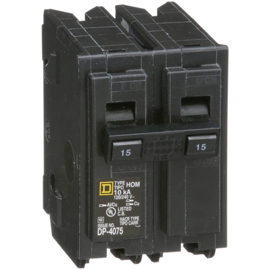 Homeline Circuit Breaker, Plug-In, 10kA, 120/240 Vac-Common Trip, 2-Pole, 15A