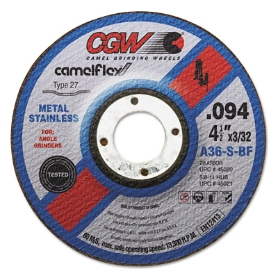 Thin Cut-Off Wheel, 4 1/2 in Dia, 3/32 in Thick, 5/8 Arbor, 36 Grit Alum. Oxide