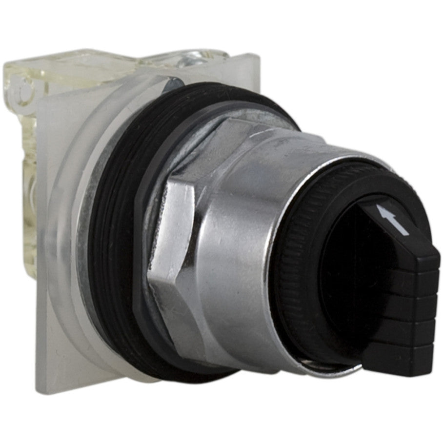 Selector switch, Harmony 9001K, metal, standard handle, black, 30mm, 3 positions, stay put, 1 C/O