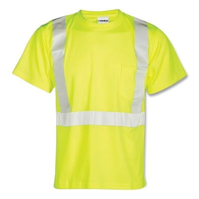 Safety Shirt, Class 2, Microfiber Polyester, Short Sleeve with 2 in Reflective Stripes, Lime, X-Large