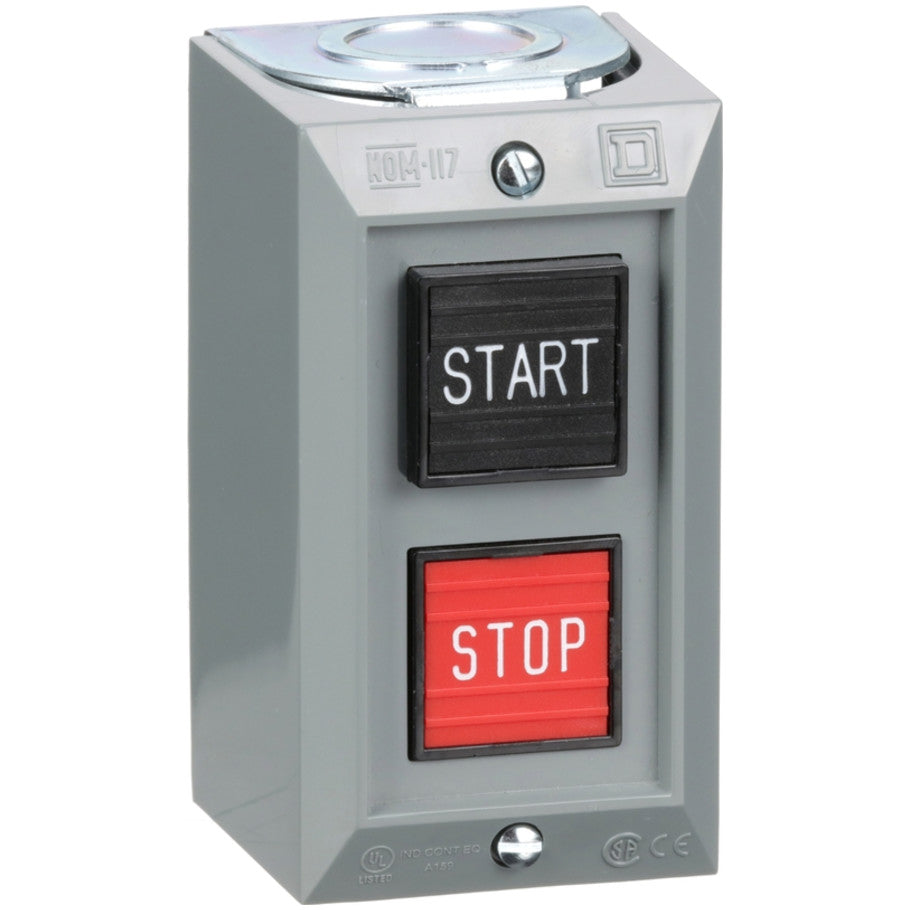 Complete control station, Harmony 9001B, 2 push buttons START/STOP, interlocked contact, 5A, 600V AC, 2NO, NEMA 1