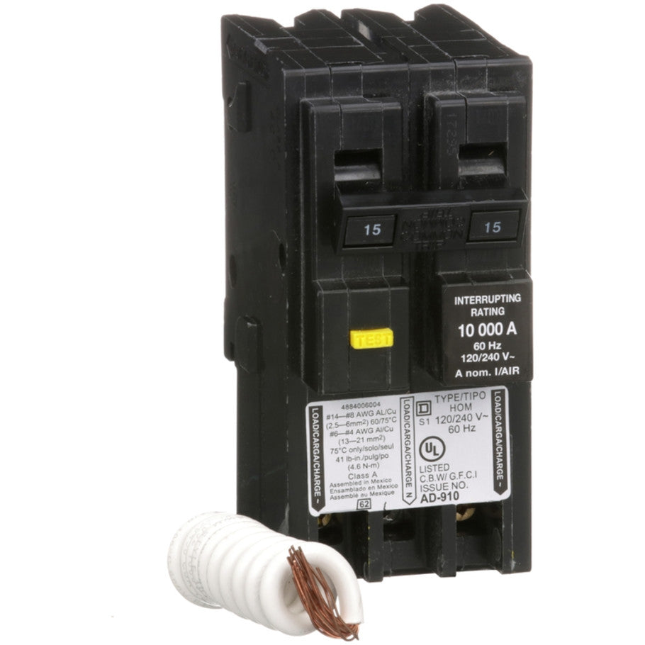 Homeline Circuit Breaker with Built-In GFI, Plug In, 10kA, 120/240 Vac, 2-Pole, 15A
