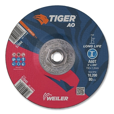 Tiger AO Cutting Wheel, 6 in dia x 0.045 in Thick, 5/8 in-11 UNC Arbor, A60T, Type 27