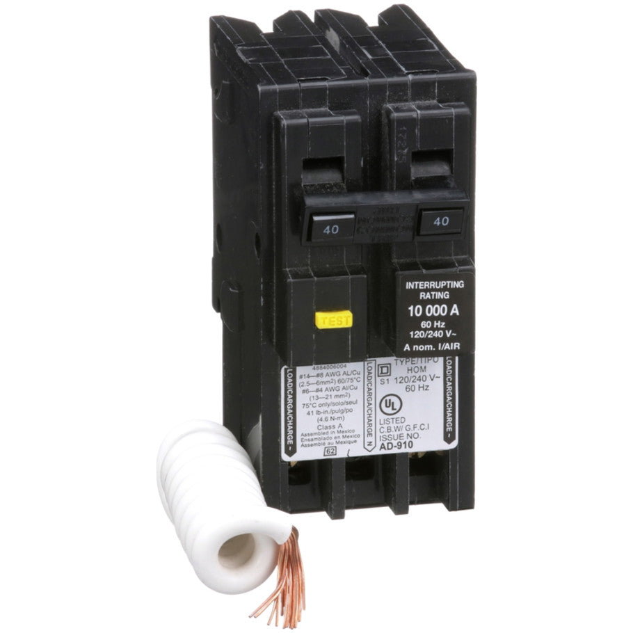 Mini circuit breaker, Homeline, 40A, 2 pole, 120/240VAC, 10kA AIR, ground fault class A, plug in, UL  TAA