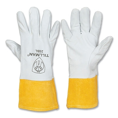 TIG Welding Gloves, 25B, Split Deerskin Palm/BOH/Split Cowhide Cuff, Med, Pearl/Bourbon Brn, 4 in L Straight Cuff