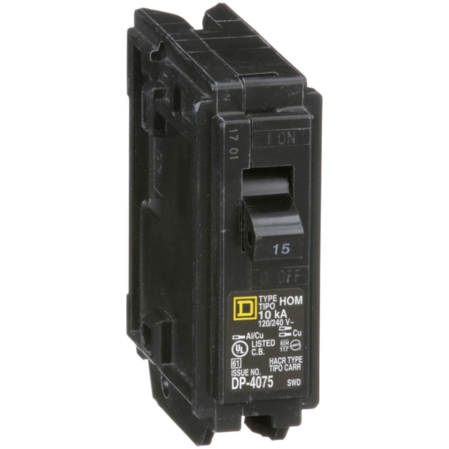 Homeline Circuit Breaker, Plug-In, 10kA, 120/240 Vac, 1-Pole, 15A