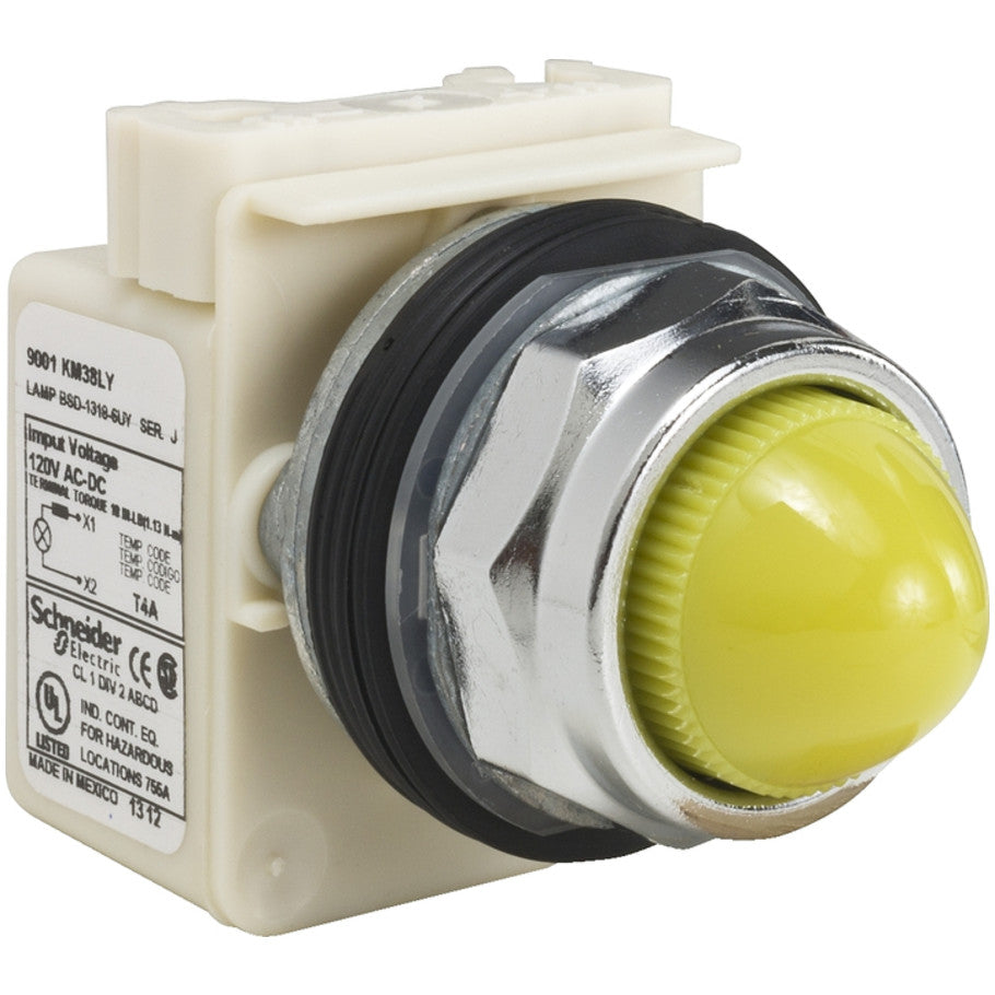 Type K Heavy Duty Pilot Light, 110-120 Vac/dc, LED, Yellow Plastic Dome Cap
