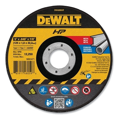 High Performance Cutting Wheel, Type 1, 5 in dia x 0.040 in Thick x 7/8 in Arbor, 60 Grit, Aluminum Oxide