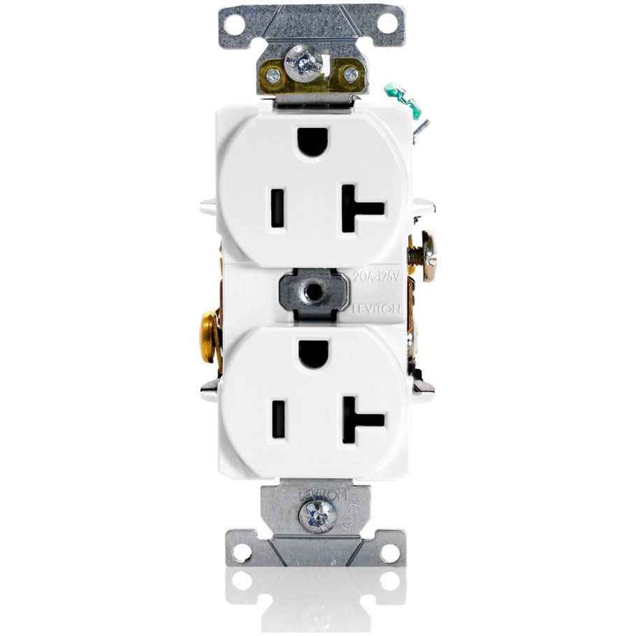 Straight Blade Duplex Receptacle, 20A, 125V, 2P3W, NEMA 5-20R, Self-Grounding, Back and Side 8-Hole Feed-Thru Wired, White