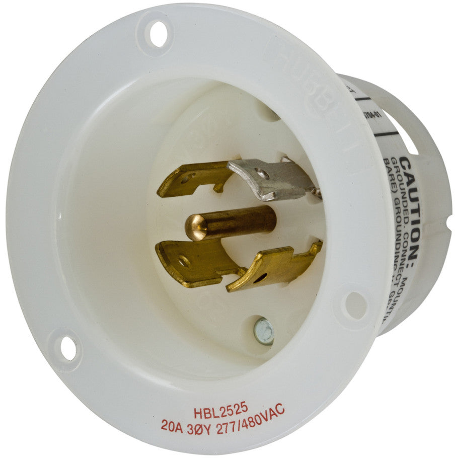 Locking Devices, Twist-Lock, Industrial, Flanged Inlet, 20A 3-Phase Wye 277/480V AC, 4-Pole 5-Wire Grounding, White
