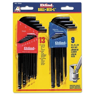 Ball-Hex-L Key Set, 22 per set, Hex Ball Tip, Inch/Metric, Black Oxide