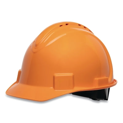 Short Brim Hard Hat, 4-point Ratchet Suspension, Vented, Orange