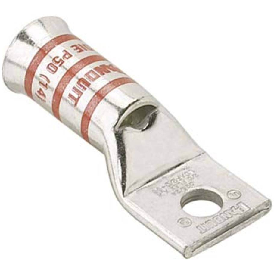 Pan-Lug Compression Lug, Copper, 1-Hole, 4 AWG, Straight, Flared Barrel, 1/4 in. Stud, Tin-Plated, Gray, 1.63 in. L