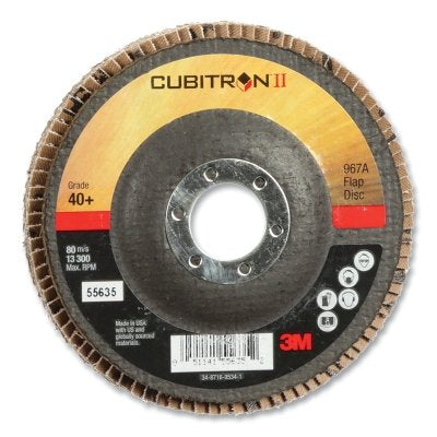 3M 051141-55635 Cubitron II Flap Discs 967A, 4-1/2 in dia x 7/8 in AH, T27 Giant, 40+, 13300 RPM