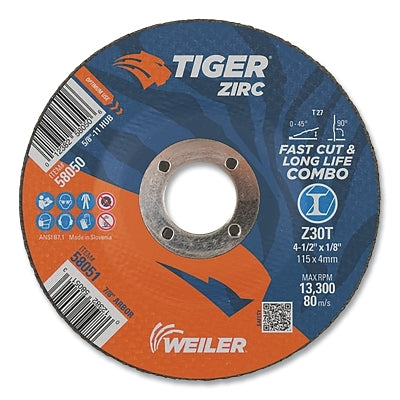Tiger Zirc Type 27 Cut/Grind Combo Wheel, 4-1/2 in dia, 1/8 in thick, 7/8 in dia arbor, Grit 30, Zirconia Alumina