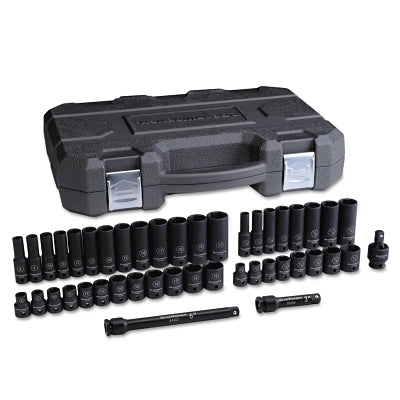 Impact Socket Set, 3/8 in Dr, 6-point, Metric/SAE, 9 mm to 30 mm, 44-Pc Deep/STD Lengths, Incl Univ Jt/Ext/Blow Mold Case