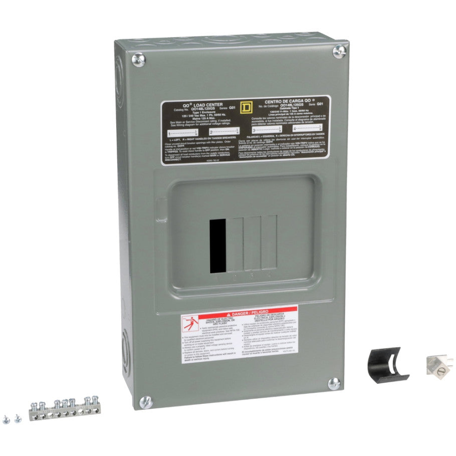 Load center, QO, 1 phase, 4 spaces, 8 circuits, 125A fixed main lugs, NEMA1, gnd bar, surface cover