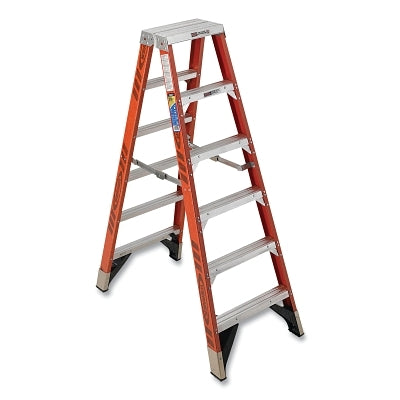 Fiberglass Twin Stepladder, T7406, Type IAA, 6 ft L, 10 ft Reach, 25 in W, 375 lb Load Capacity Per Side, Orange