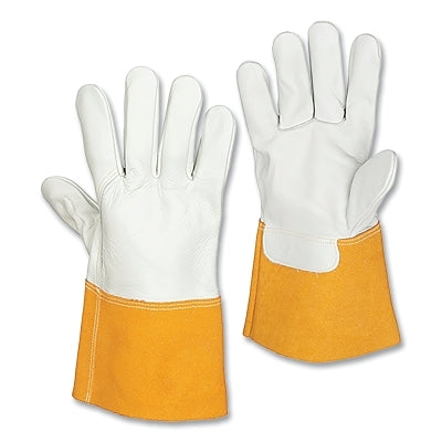MIG Welding Gloves, 1355, Top Gr Cowhide (B) Palm/BOH/Split CH (B) Cuff, Med, Pearl/Bourbon Brn, 4 in Str Cuff