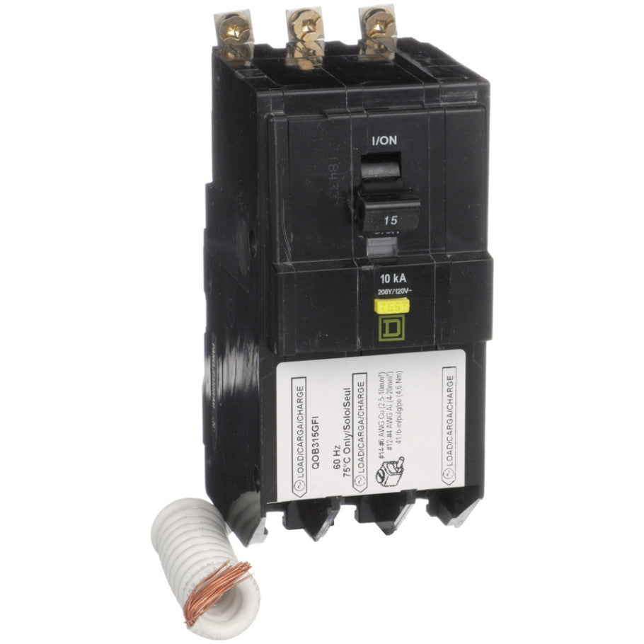 Mini circuit breaker, QO, 15A, 3 pole, 208Y/120VAC, 10kA, bolt on, 6mA grd fault A, pigtail  TAA