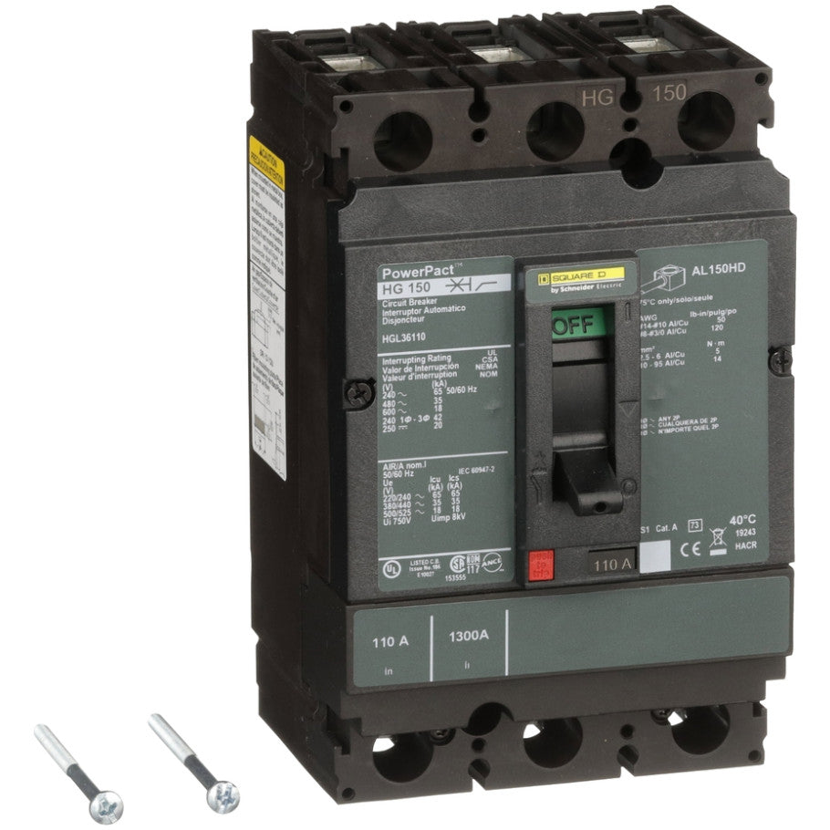 PowerPact Molded Case Circuit Breaker, H-Frame, Unit Mount, 18 kA, 600V, 3-Pole, 110A