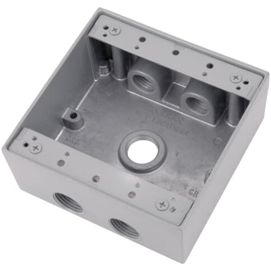 Red-Dot Weatherproof Box, Aluminum Die Cast, (5) 3/4 in. Threaded Hubs, 2-Gang, 2-1/16 in. Deep