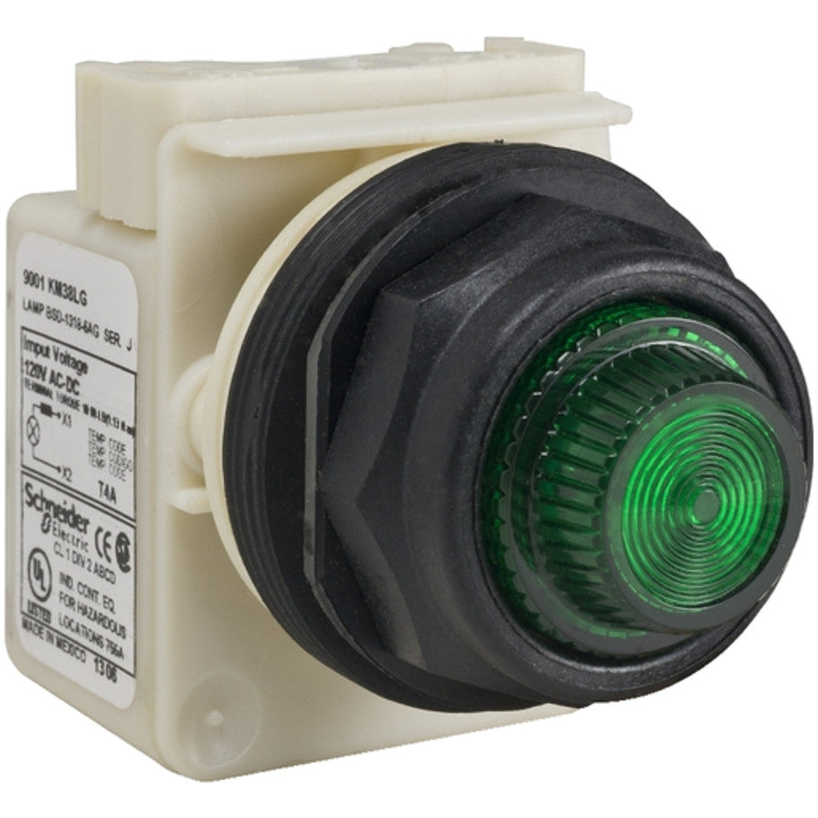 Type SK 30mm Pushbutton Pilot Light, Standard, Corrosion Resistant, LED Style, 120 Vac/Vdc, Green Plastic Fresnel Cap