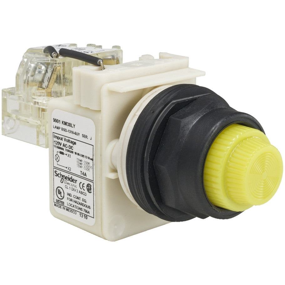 Push-to-test pilot light, Harmony 9001SK, plastic, polycarbonate, fresnel lens, yellow, 30mm, LED yellow, 120V