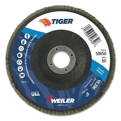 Tiger Disc Abrasive Flap Disc, 6 in dia, 60 Grit, 7/8 Arbor, 10200 rpm, Type 29
