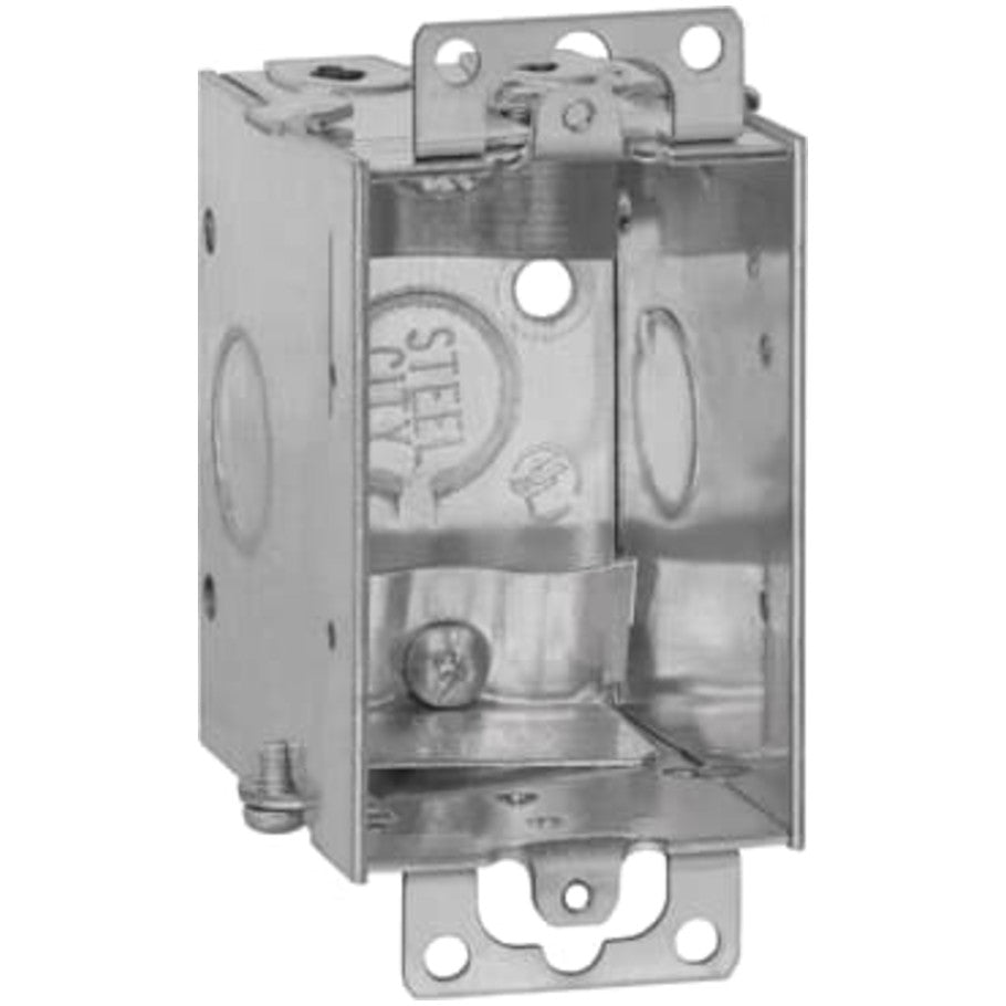 3x2 Switch Box, Gangable, Steel, 2-1/2 in.D, (2) 1/2 in. Side KO, (1) 1/2 in. Bottom KO, Mounting Ears, (2) C-5 Clamps, Old Work