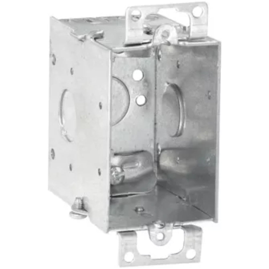 Steel Switch Box, 3x2, Gangable, NM Cable, 2-3/4 in.D, (4)Side Cable Clamps   (2)1/2 in. KO, (1)1/2 in. Bottom KO, Mounting Ears