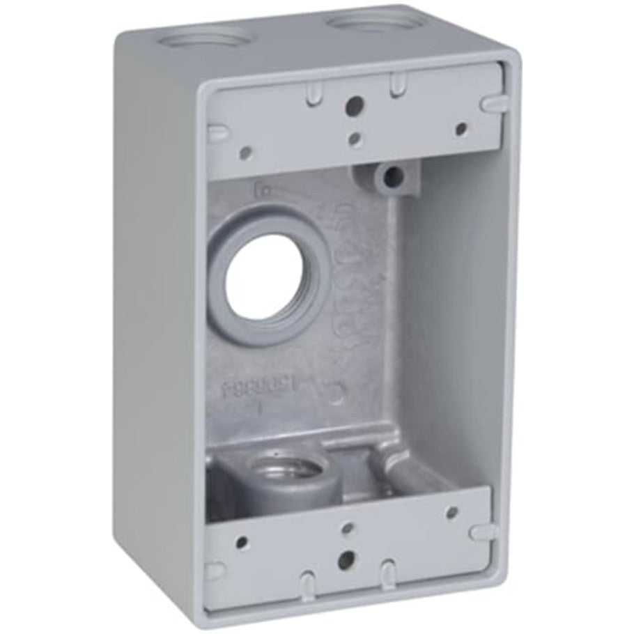 1-Gang aluminum die cast D-PAK 2-1/16 in. deep weatherproof box with (4) 3/4 in. hubs and mounting lugs.