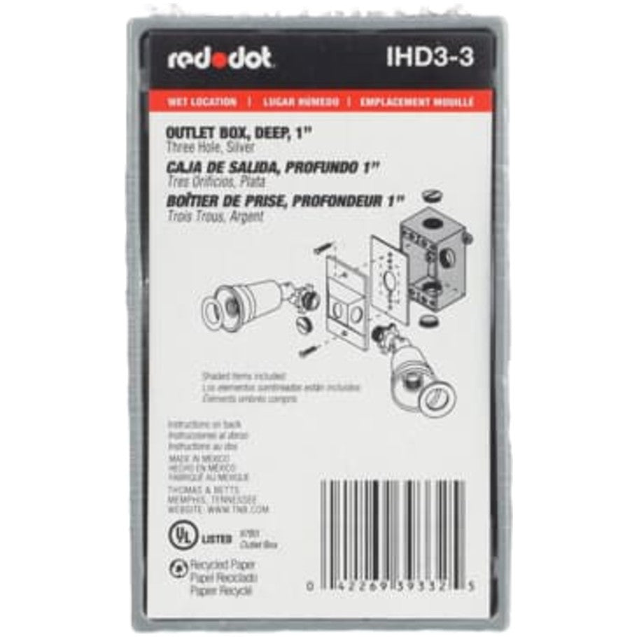 Red-Dot Weatherproof Box, Aluminum Die Cast, (3) 1 in. Threaded Hubs, 1-Gang, 2-5/8 in. Deep