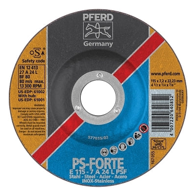 Depressed Center Wheel, 4 1/2 in Dia, 1/4 Thick, 7/8 Arbor, 24 Grit Alum. Oxide