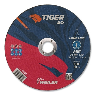 Tiger AO Cutting Wheel, 7 in dia x 0.060 in Thick, 7/8 in Arbor, A60T, Type 1