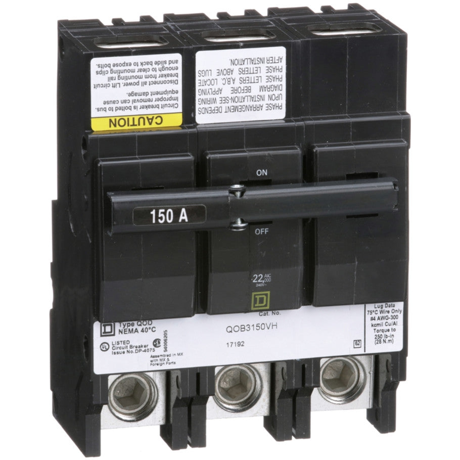 QOB Miniature Circuit Breaker, High Interrupting Capacity, Bolt On, 3 Pole, 150A, 240 Vac, 22kA