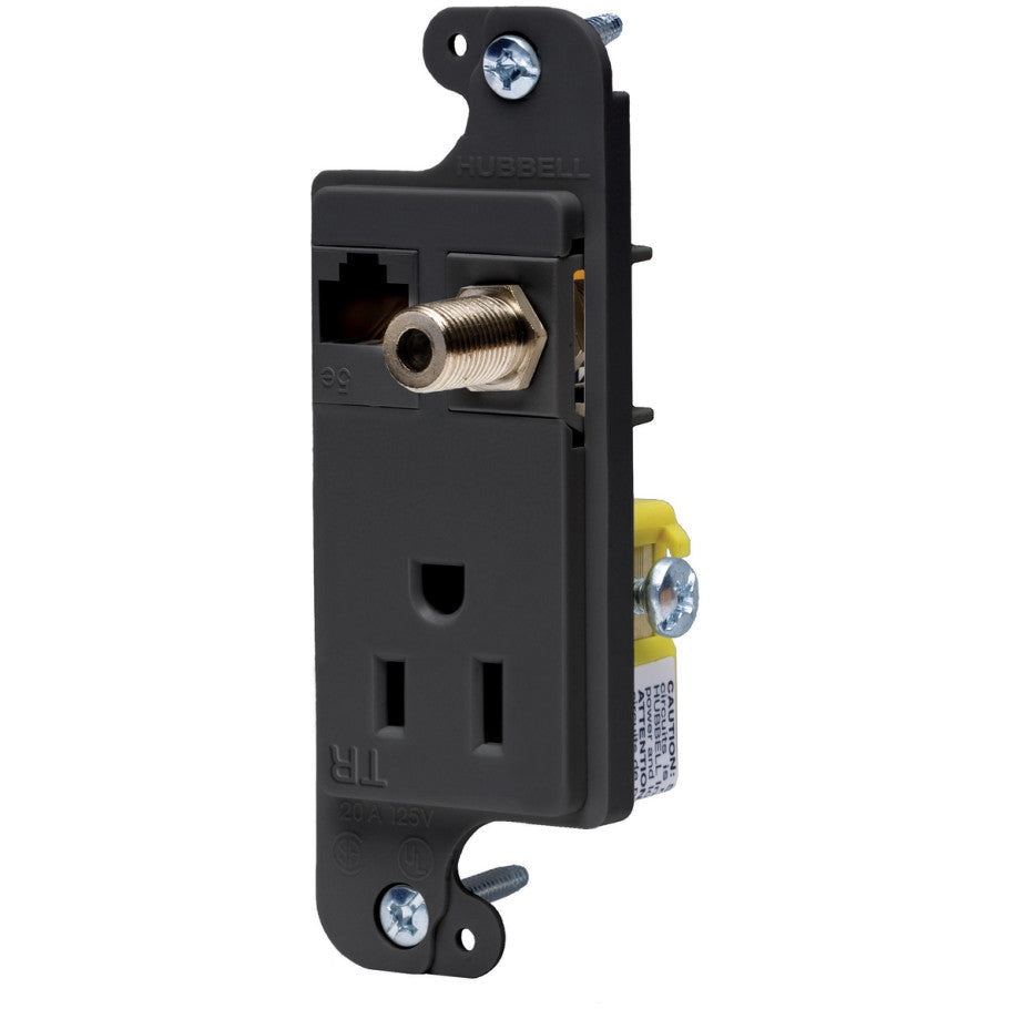 J-Load Media Outlet, Tamper-Resistant Receptacle, 15A, 125V, Cat 6 Jack, F Coax, Black