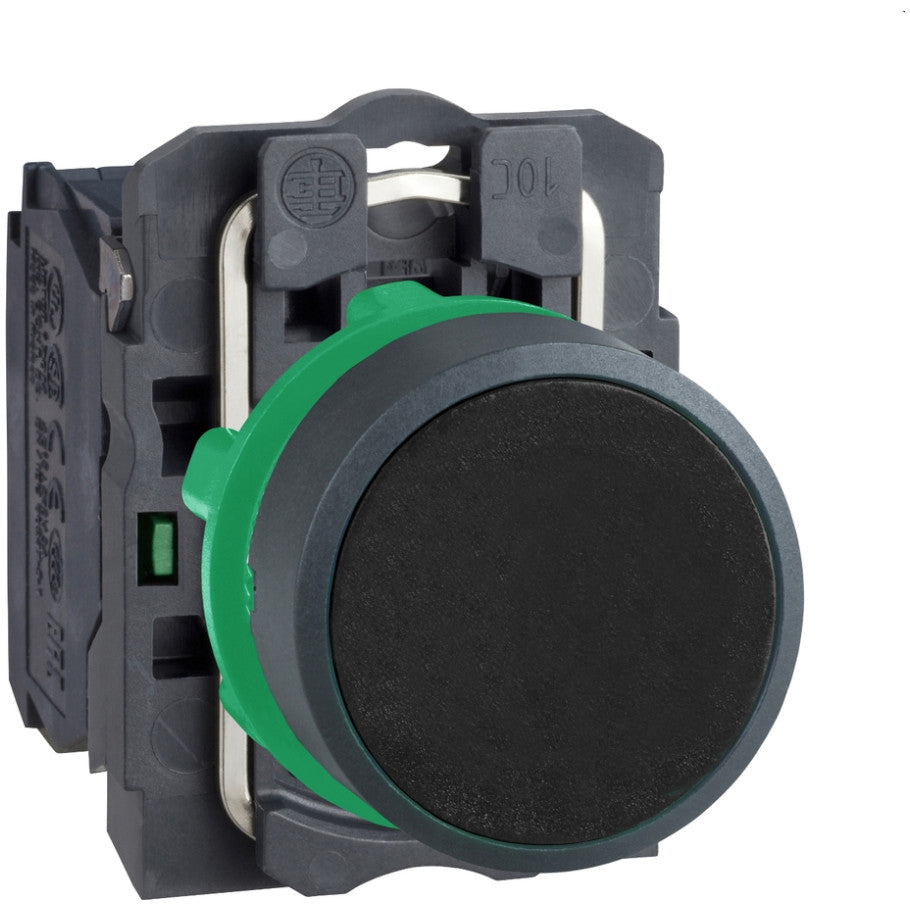 Push button, Harmony XB5, plastic, flush, black, 22mm, spring return, unmarked, 1NO