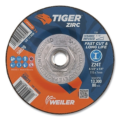 Tiger Grinding Wheel, 4-1/2 in dia x 1/4 in Thick x 5/8 in-11 Arbor, 24 Grit, Zirconia Alumina/Ceramic, Type 27, 10 EA/PK