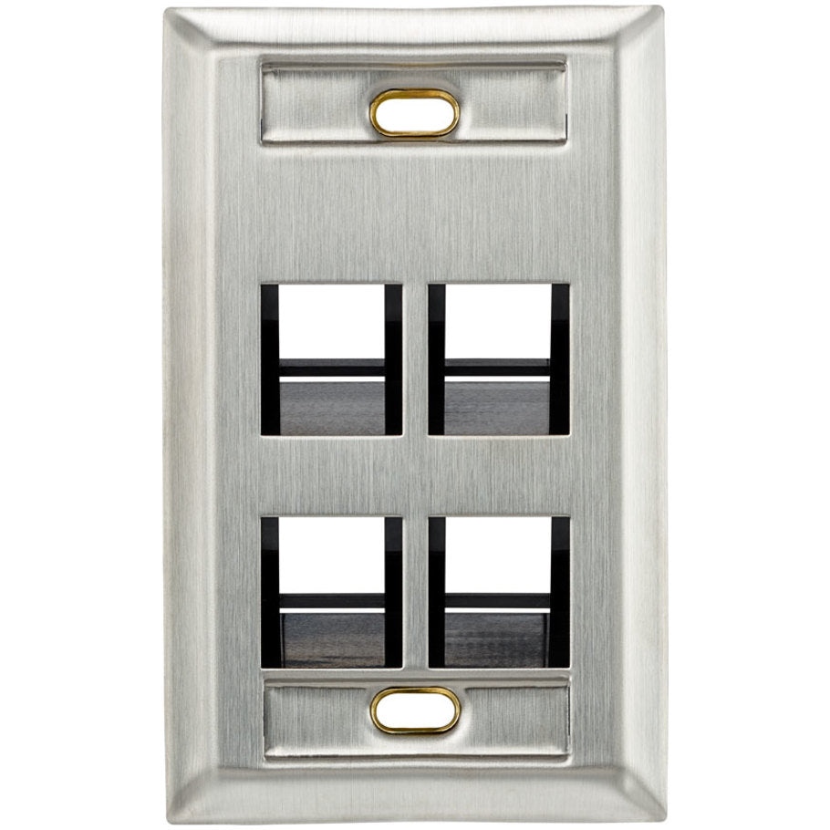 QuickPort Angled Wallplates With ID Windows, Stainless Steel, 1-Gang, 4-Port