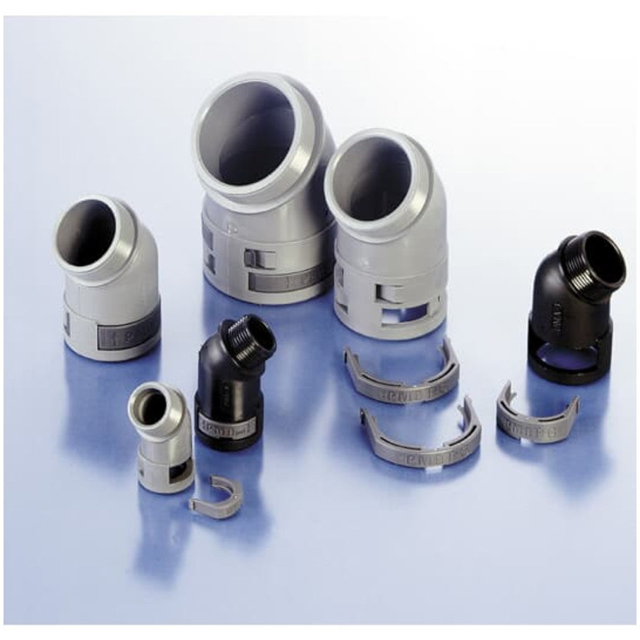 PMAFIX 45 Degree One-Piece Black Elbow, Material Polyamide 6, Thread Type - NPT, Thread Size - 3/4 Inch, Conduit Size NW - 23