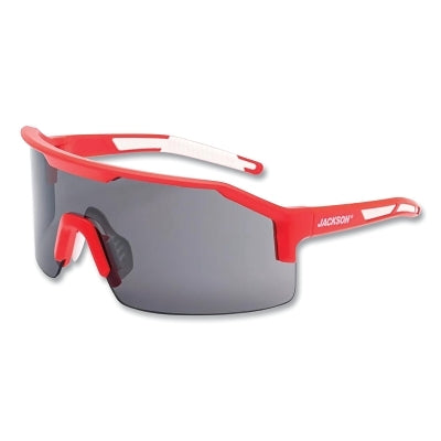 Maxview+ Safety Glasses, Smoke, Polycarbonate, Anti-Fog, Anti-Scratch, Red Half Frame, Red/White Temple