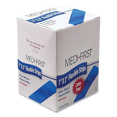Blue Metal Detectable Bandage, 1 in W, 3 in L, Strip, Fabric