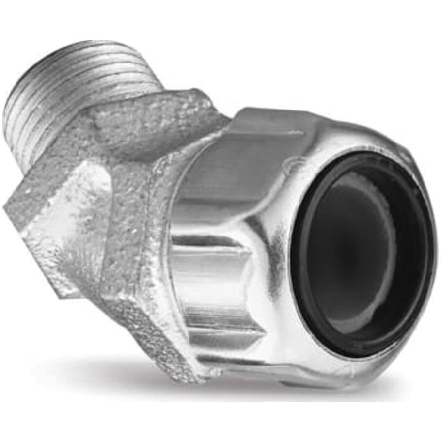 MSG-45 Series, Liquidtight Cord Connector, 45 Degree, 0.375 to 0.50 in. Conductor, Malleable Iron, Metallic, 3/4 in.