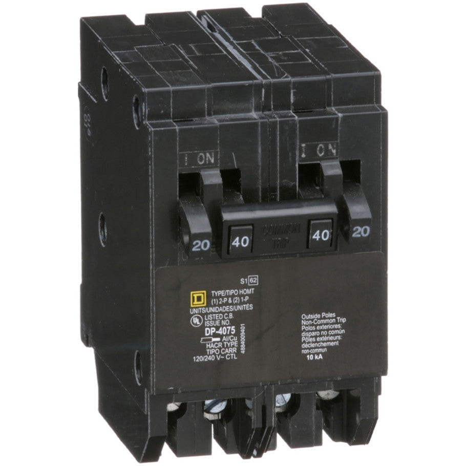 Homeline Quad Tandem Circuit Breaker, Plug-In, 10kA, 120/240 Vac, (2) 1-Pole 20A, (1) 2-Pole 40A