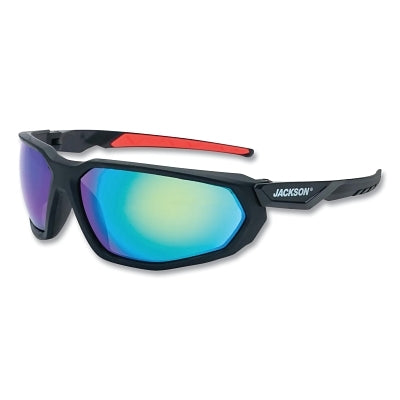 Hyperguard Safety Glasses, Green Mirror, Polycarbonate, Hard Coated, Black Full Frame, Red Temple