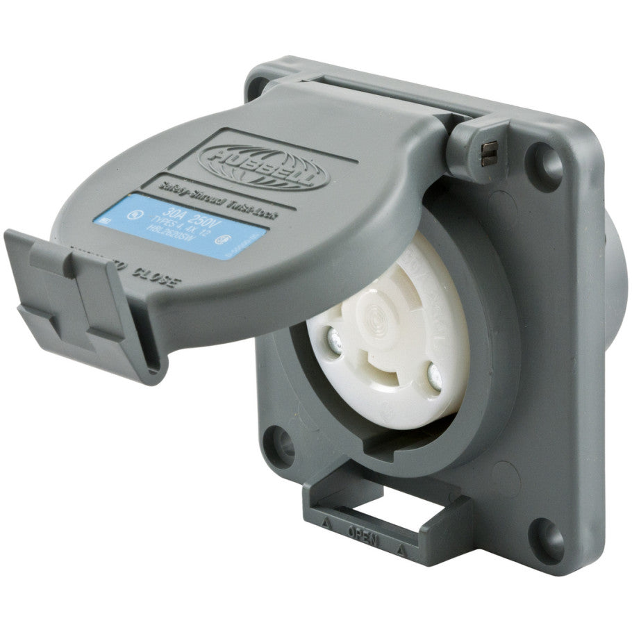 Twist-Lock Watertight Safety-Shroud Receptacle, 30A, High-Impact Thermoplastic Housing, Gray, 3.75 x 3.75 x 2.69 in.